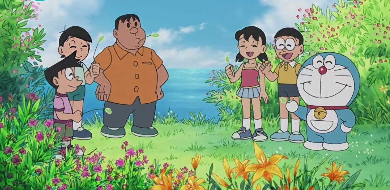 Doraemon và bạn bè vui vẻ giữa vườn hoa