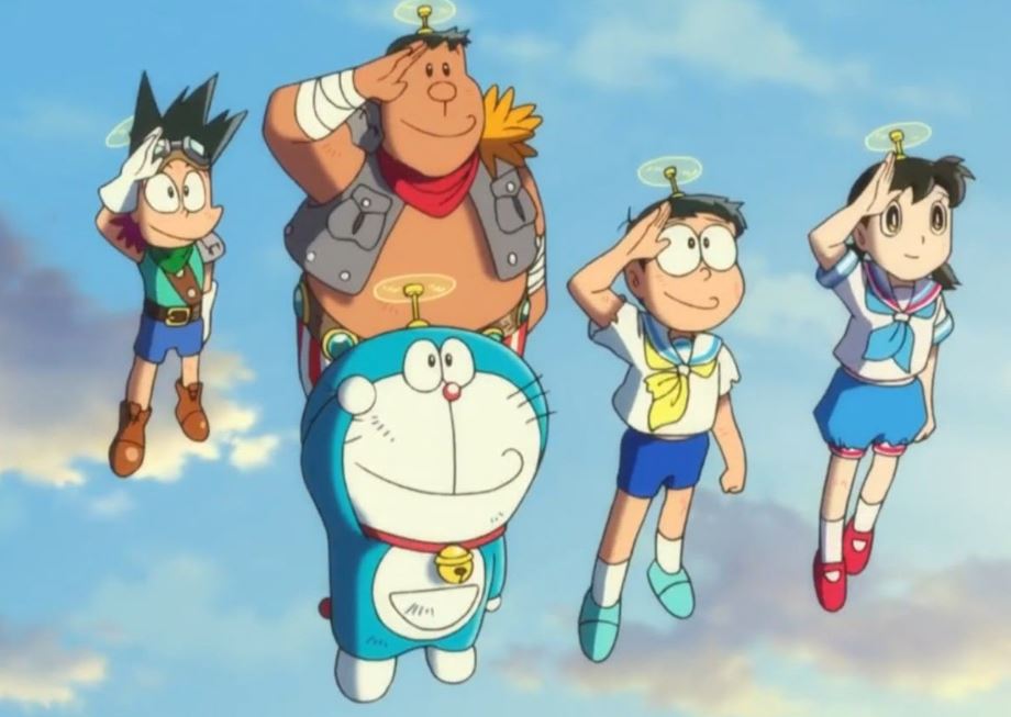 Doraemon cùng mọi người bay lên bầu trời xanh