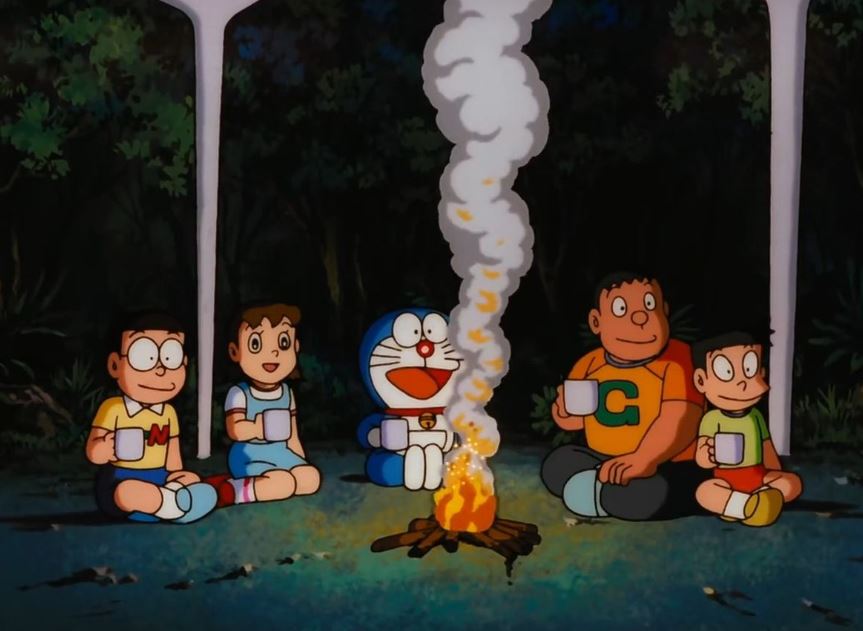 Doraemon quây quần bên nhóm bạn cạnh lửa trại