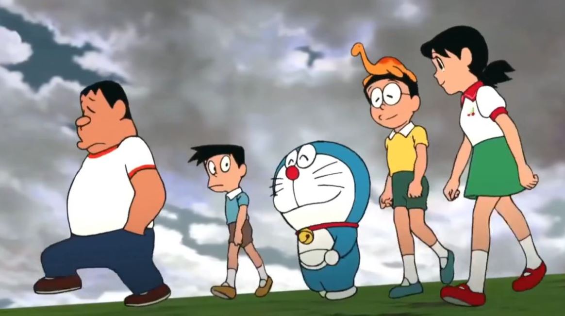 Doraemon buồn bã sánh bước cùng nhóm bạn thân