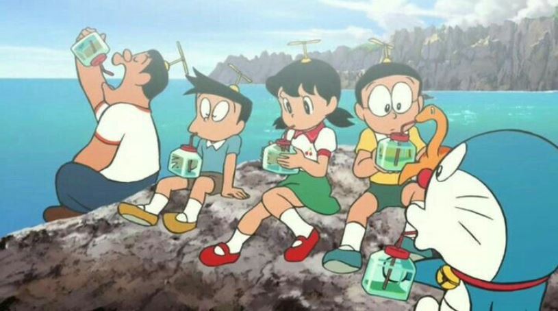 Cả nhóm ngồi nghỉ bên vách đá cùng Doraemon