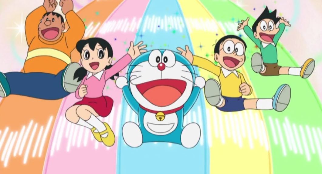 Doraemon trượt cầu vồng cùng bạn bè trong niềm vui