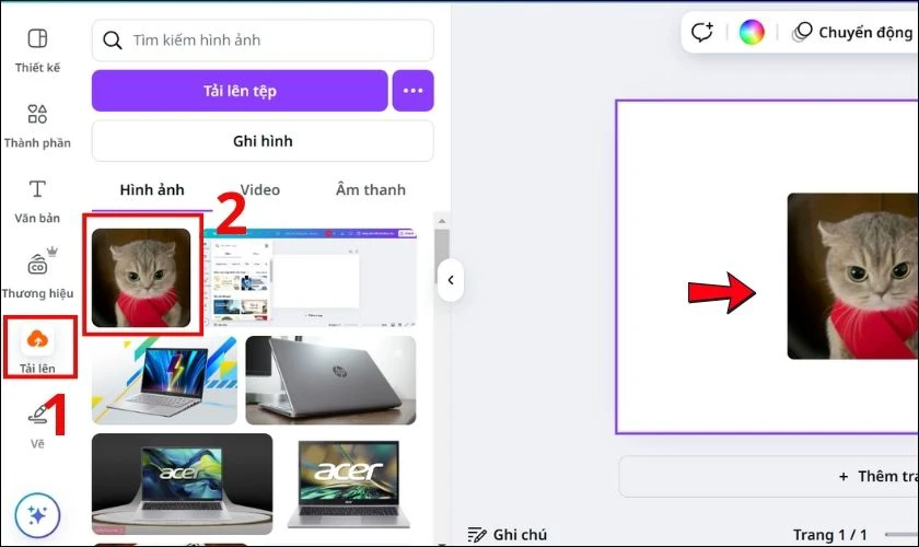 Chuyển sang mục Tải lên, sau đó chọn hình ảnh bạn muốn sử dụng