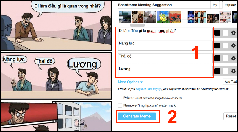 Sau khi nhập xong phần chữ cho meme bạn nhấn Generate Meme