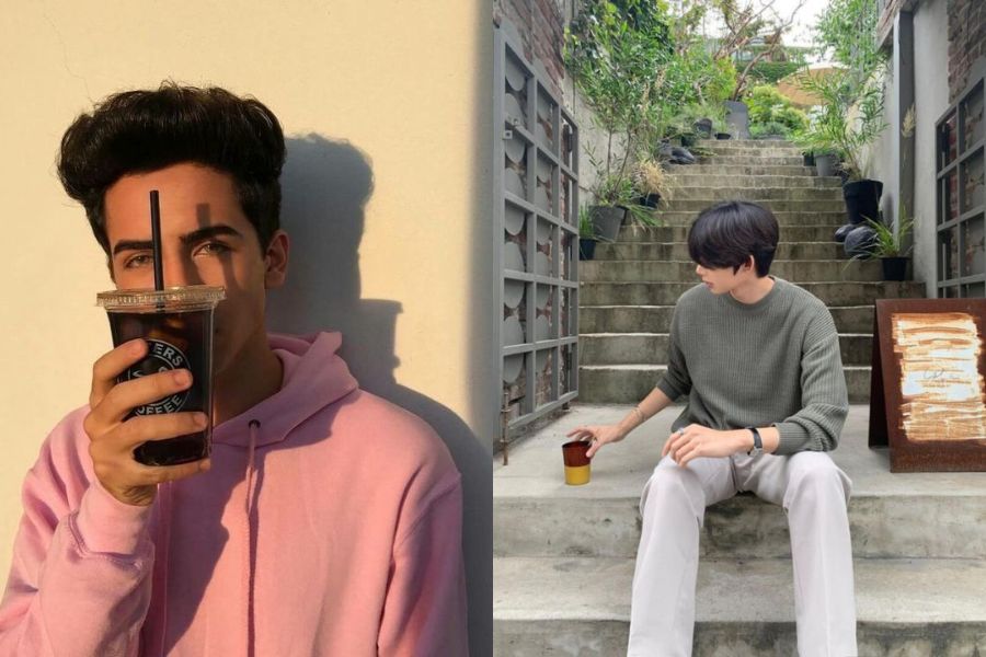 chụp ảnh selfie nam vờ như đang uống nước