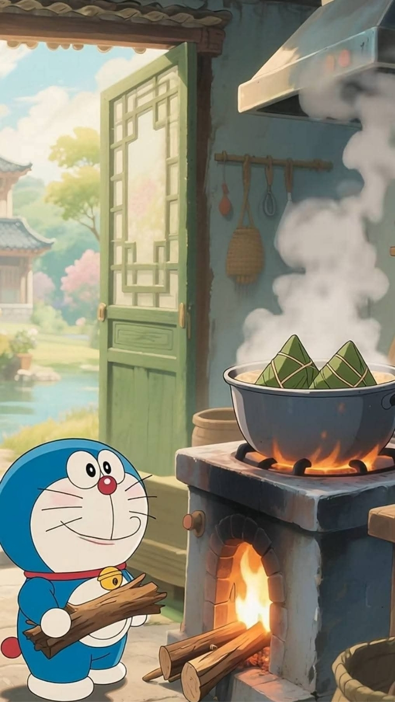ảnh nền điện thoại Doraemon nấu bánh chưng