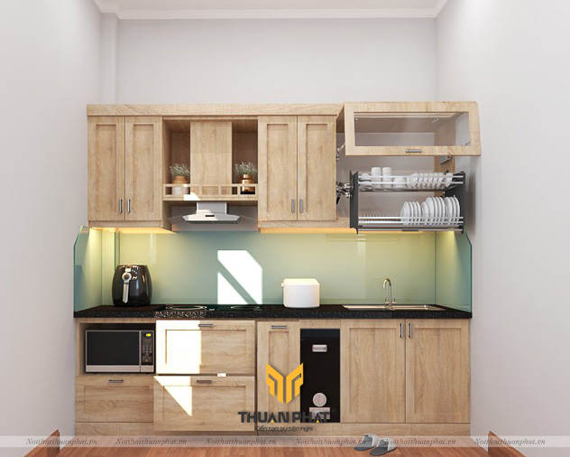 Tủ bếp gỗ Sồi Nga hình chữ I đơn giản mà đẹp