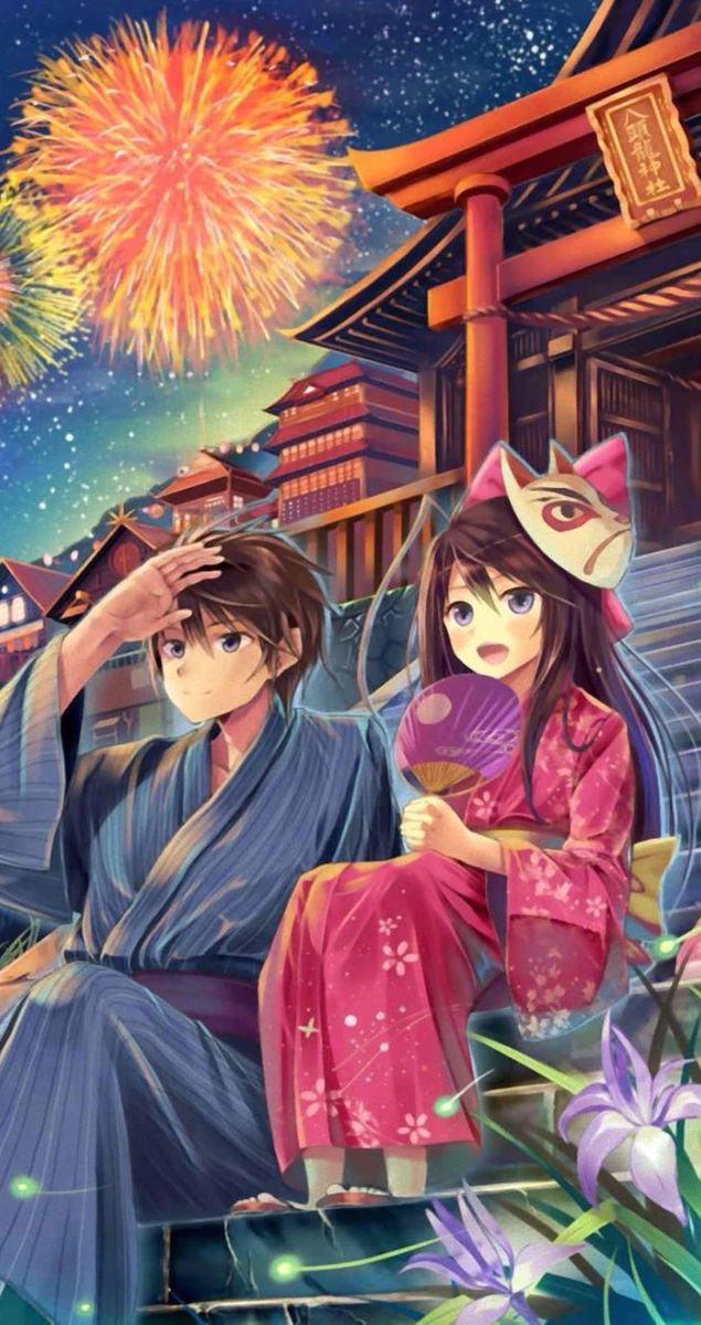 Anime cặp đôi pháo hoa ngày Tết