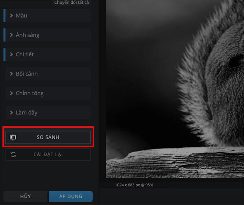 Bạn có thể nhấn giữ biểu tượng SO SÁNH để xem lại ảnh trước và sau khi chuyển đổi