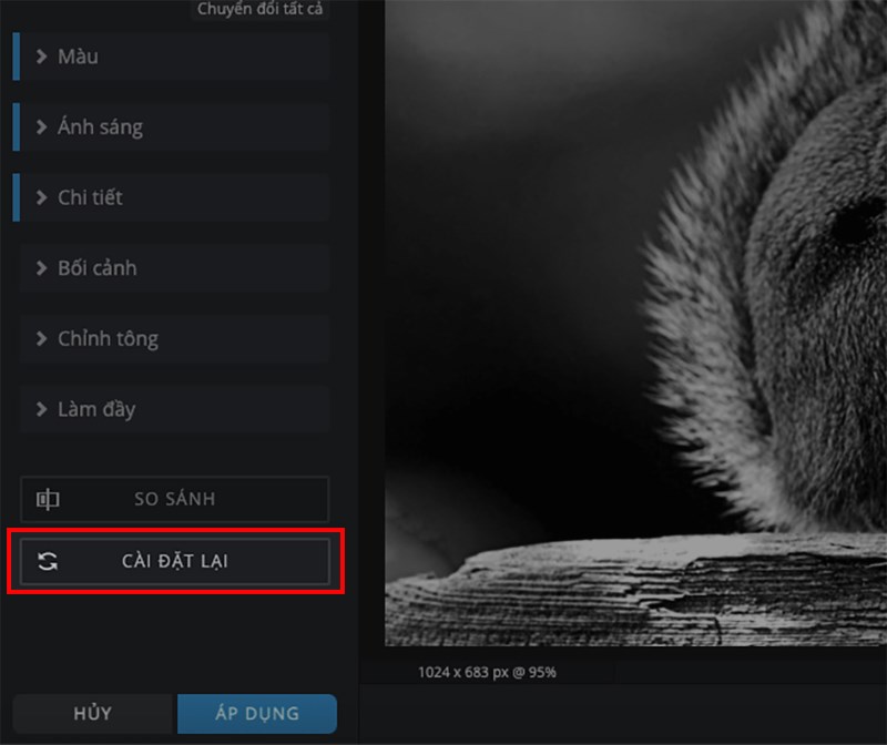 Hoặc chọn CÀI ĐẶT LẠI để quay trở lại ảnh gốc