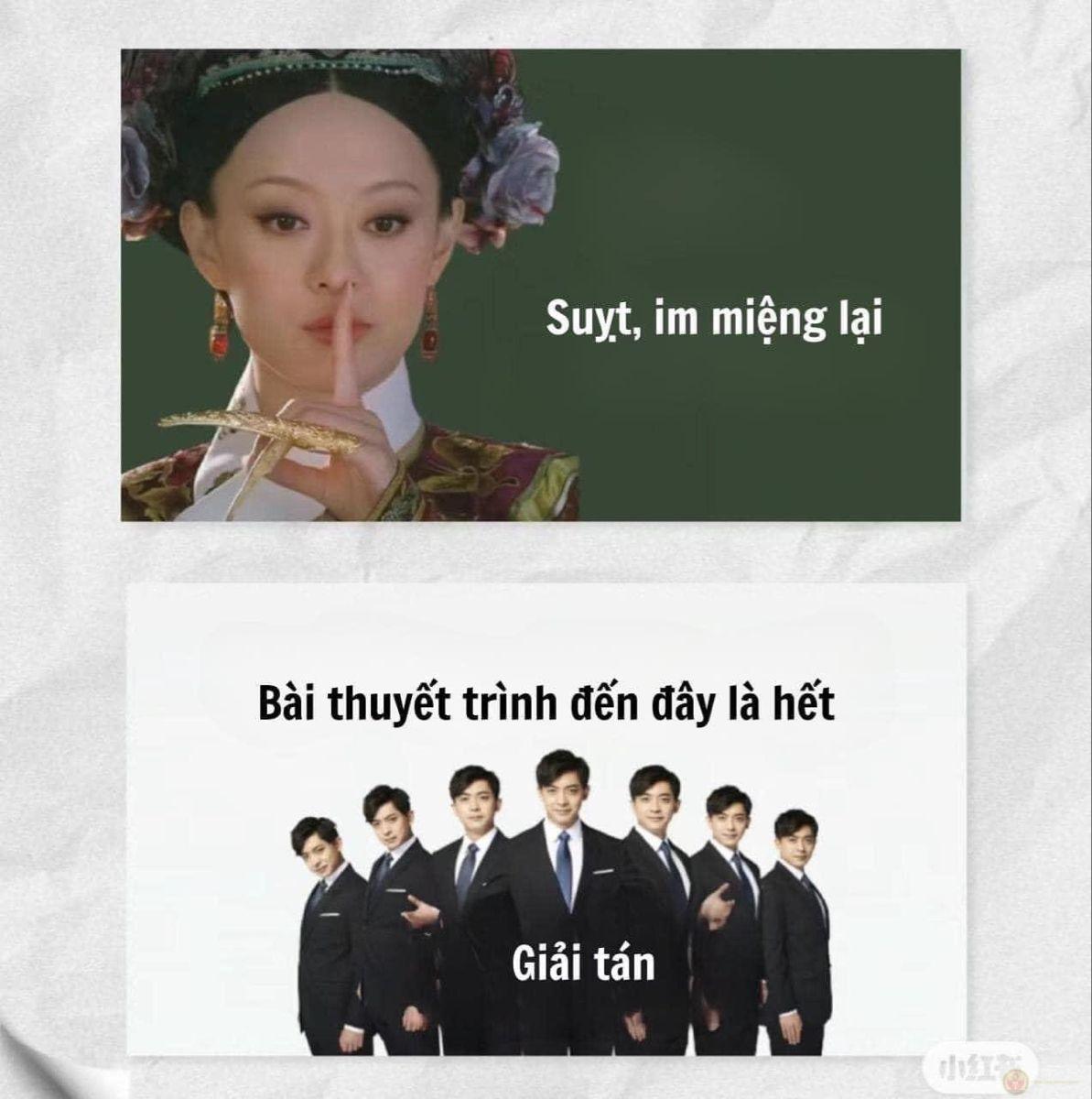 Meme thuyết trình ngộ nghĩnh thường xuất hiện trong các bài post troll về học tập