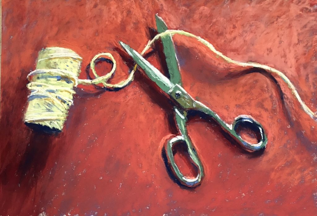 Paint the background: Gail Sibley, "Scissors #8 - Fit To Be Tied," Unison Colour pastels on UART 500, 8 x 12 in.