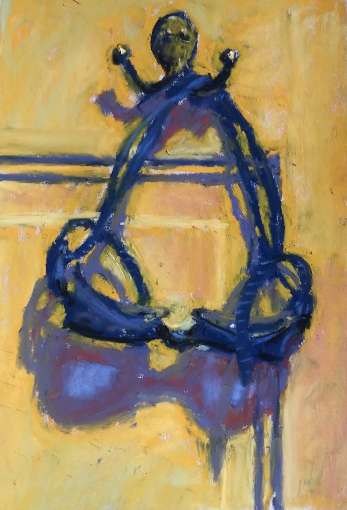 Paint the background: Gail Sibley, "His Goggles," Unison Colour pastels on UART 800, 9 x 6 in
