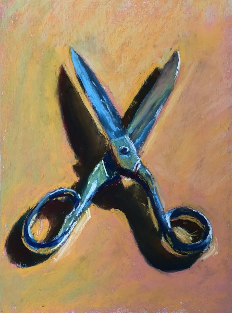 Paint the background: Gail Sibley, "Scissors #3 - At the Ready," Unison Colour pastels on UART 600, 8 3/4 x 6 in.
