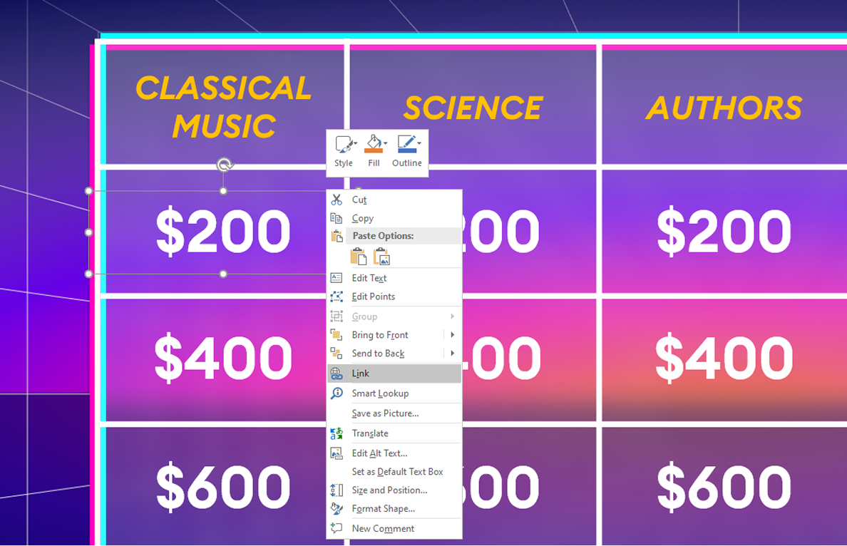 How to link the grid cells to the respective slides in Jeopardy game