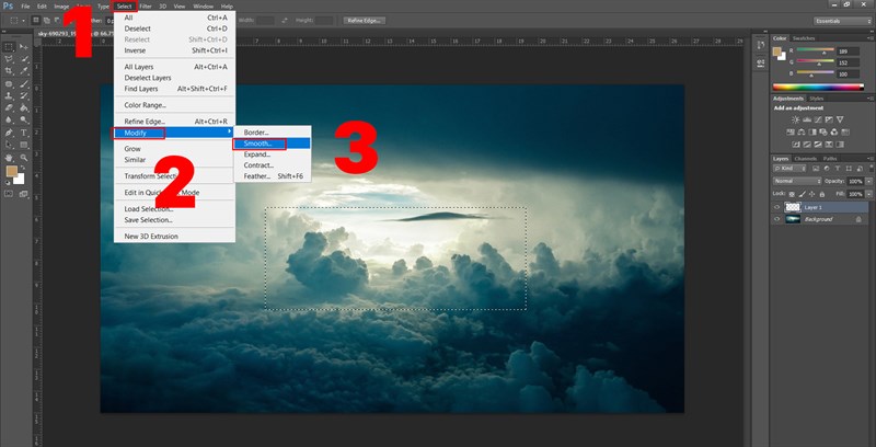 Vào Select, chọn Modify rồi chọn Smooth