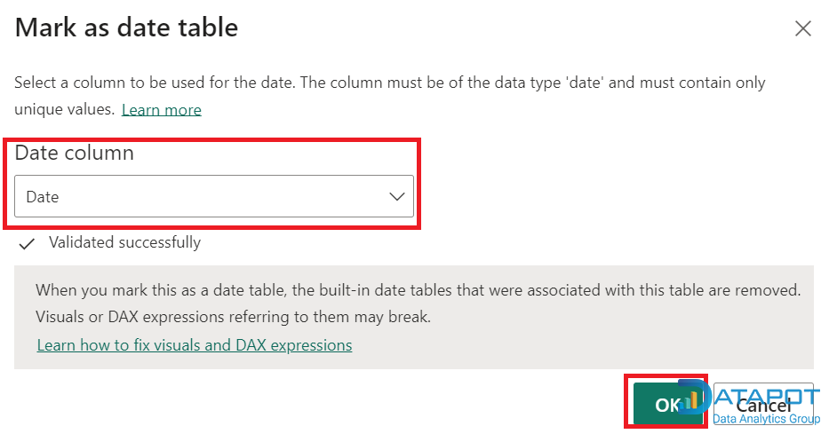Đánh dấu Date Table (Mark as Date Table) 