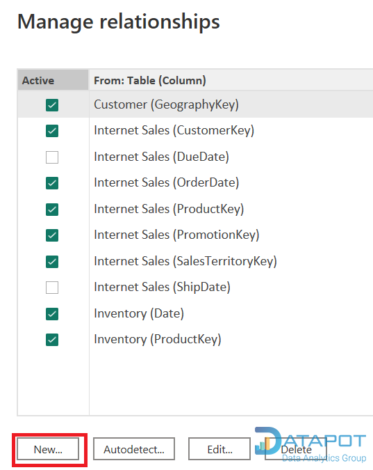 Tạo relationship giữa Date Table và các bảng khác
