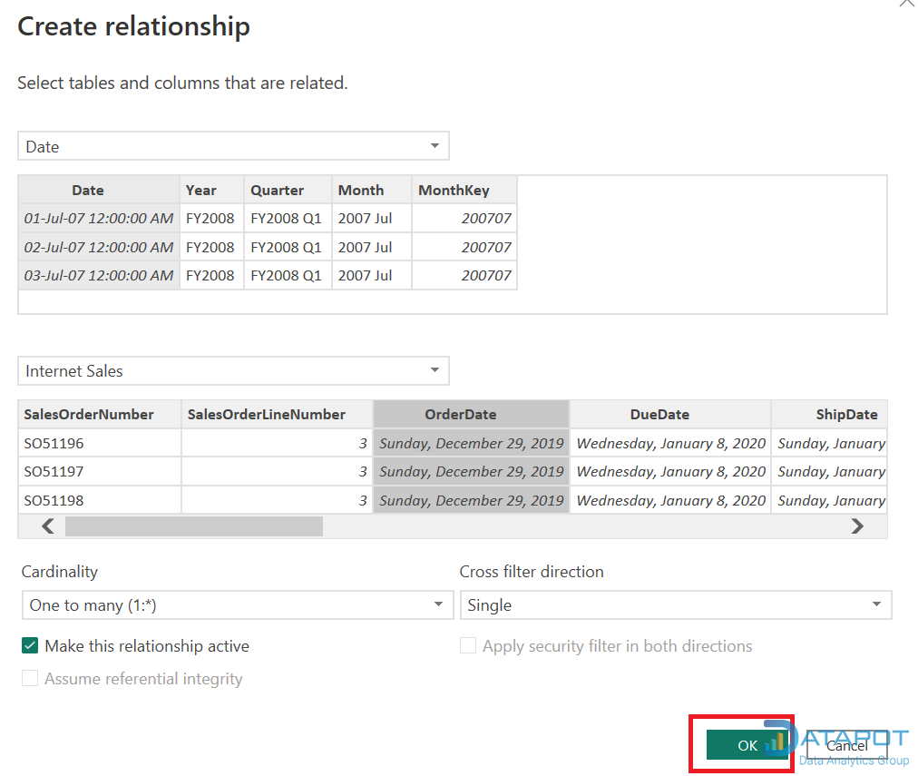 Tạo relationship giữa Date Table và các bảng khác 2