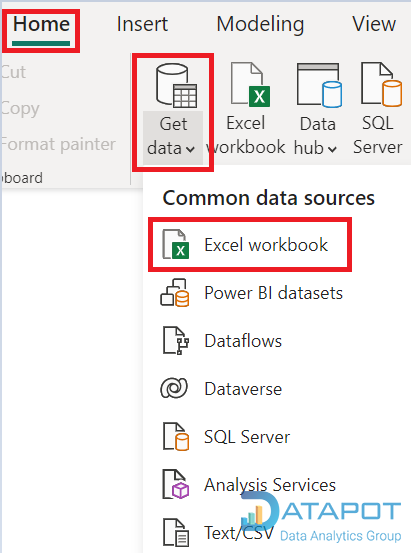 Mở file Power BI, trong giao diện Report View, chọn HomeGet DataExcel workbook 