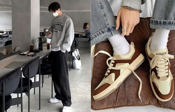 Boy phố với Giày sneaker trắng hoặc retro sneaker