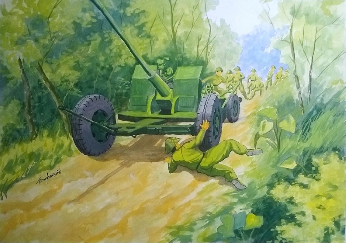 Tranh vẽ minh họa anh hùng Tô Vĩnh Diện lấy thân mình chèn pháo