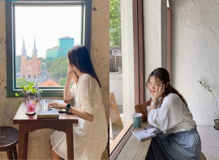 Tạo dáng với bánh ngọt tại quán