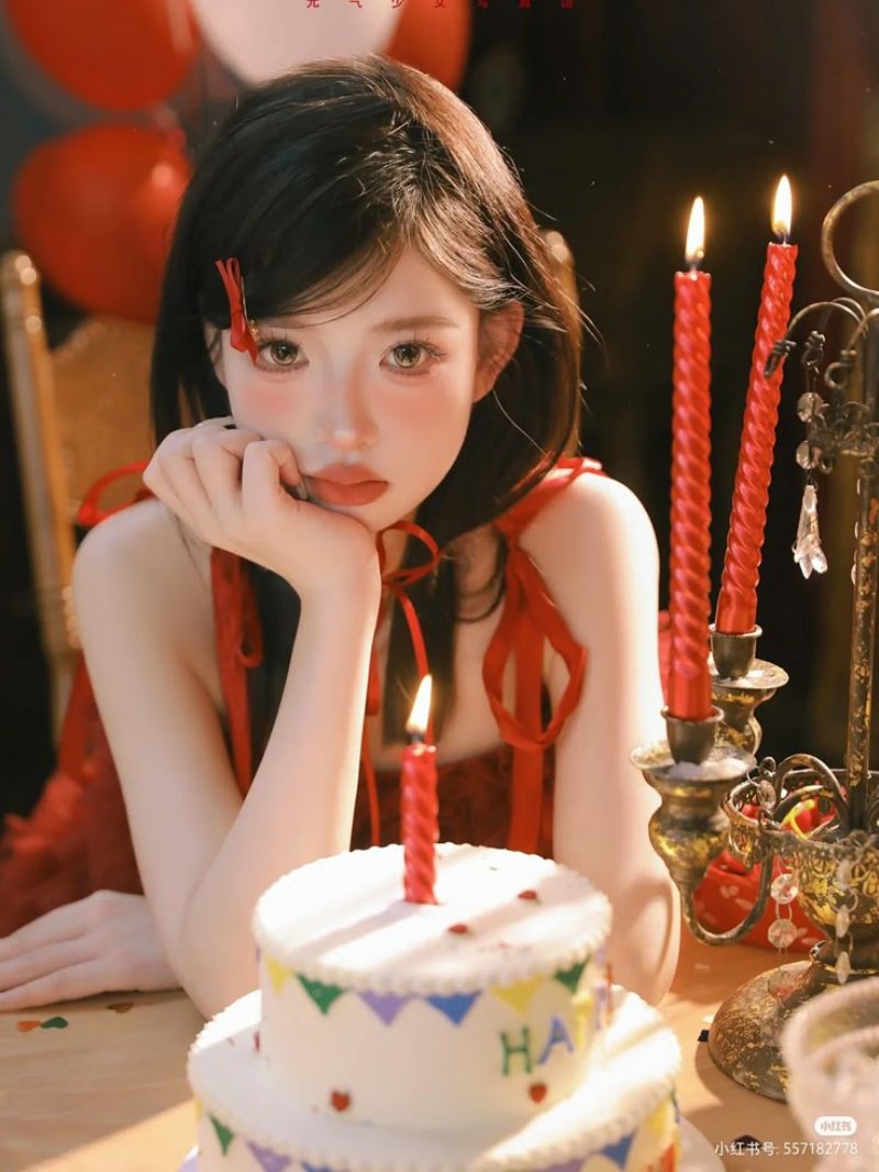 Nhắm mắt cười tươi khi chụp hình với bánh sinh nhật