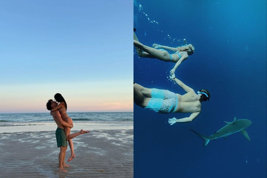 Tạo dáng chụp ảnh ở biển cho nam với dáng cặp đôi lãng mạn