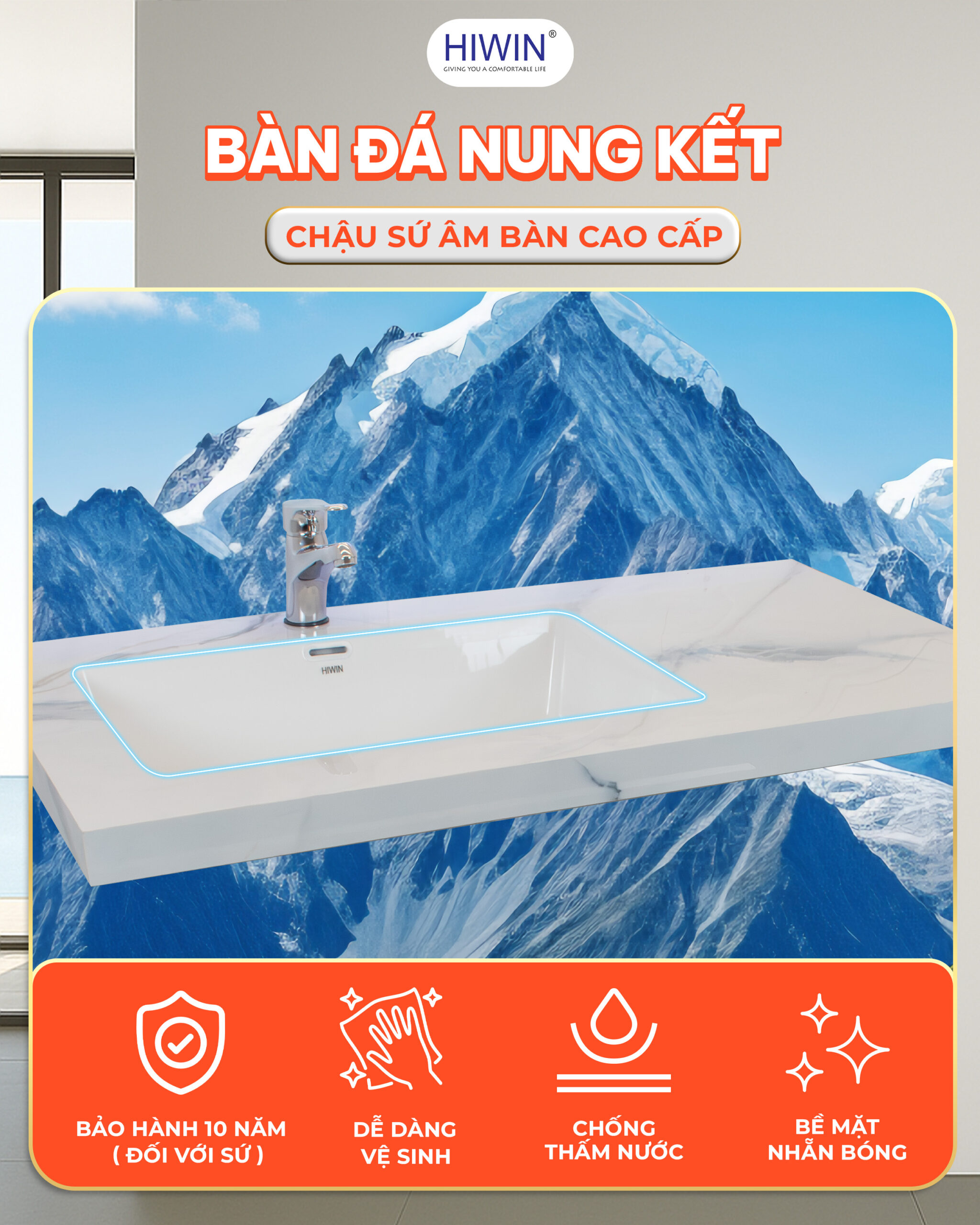 Mặt bàn đá nối liền lavabo bằng công nghệ ghép nối không khe hở