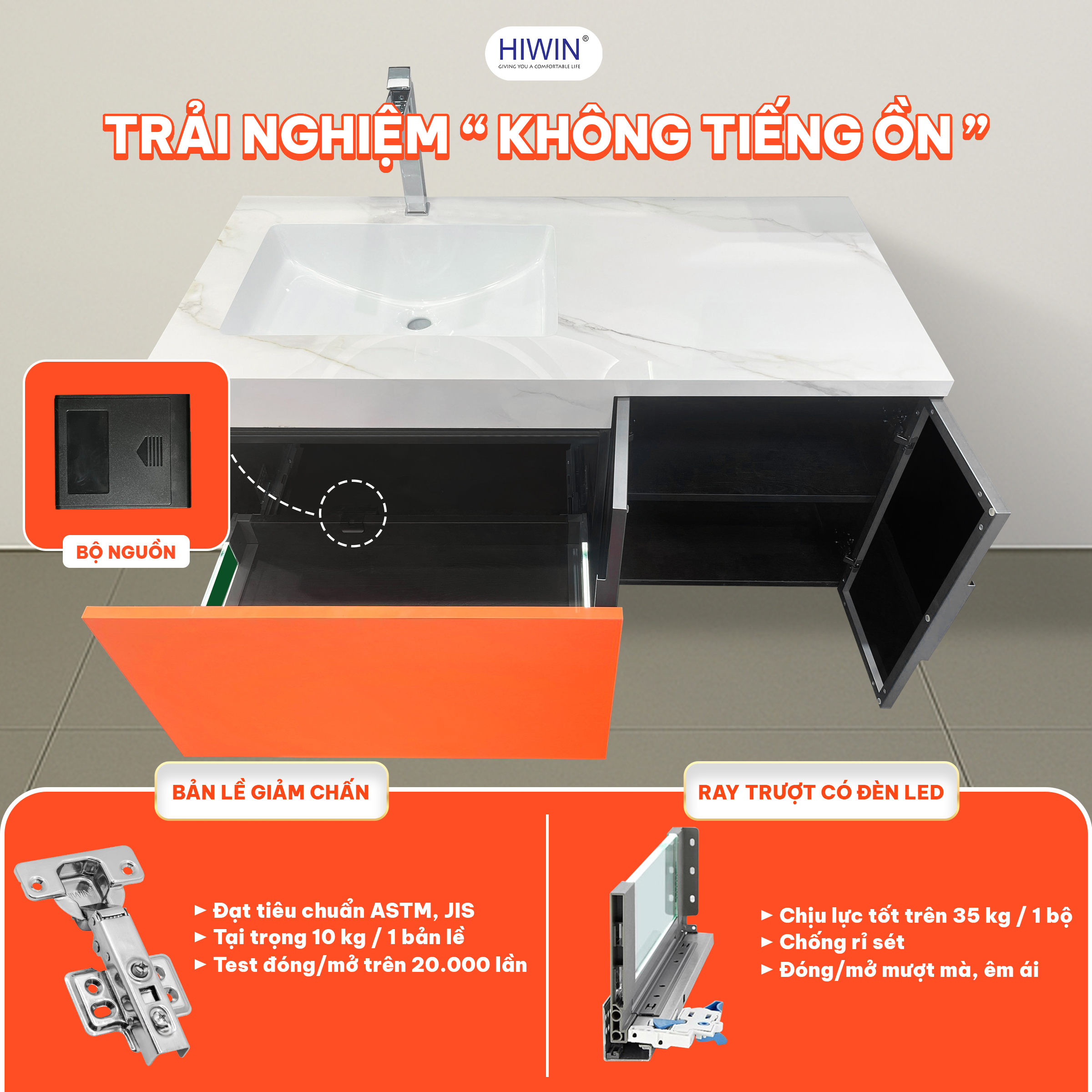 Ray trượt êm ái kết hợp đèn sáng bên trong ngăn kéo đơn