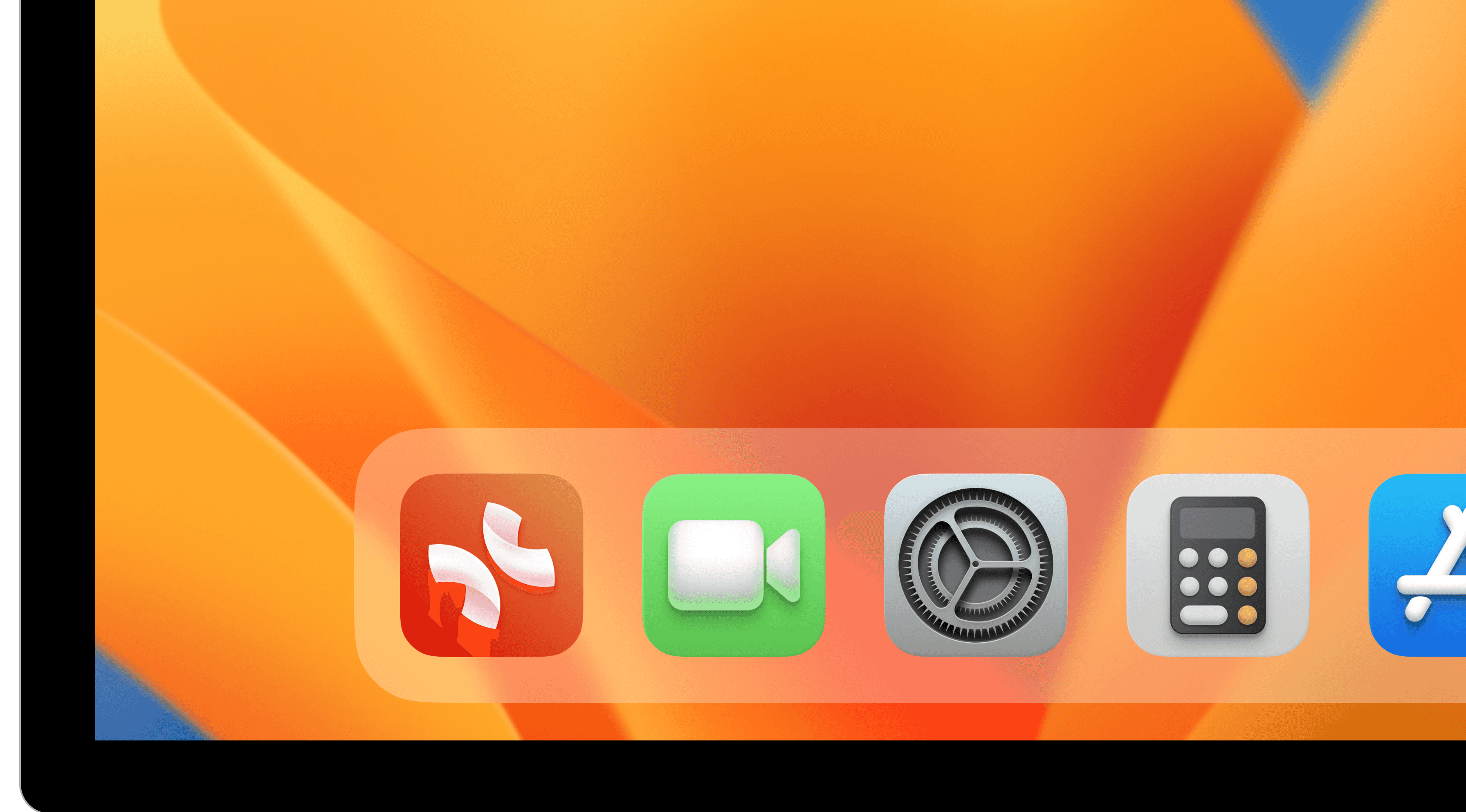 Dock showing icons for various apps on a colorful orange background.