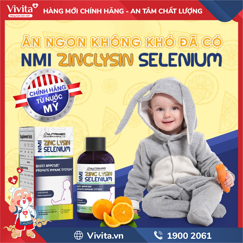 NMI - Zinc Lysin & Selenium Hỗ trợ tăng cường, giúp trẻ ăn ngon từ Mỹ Chai 120ml