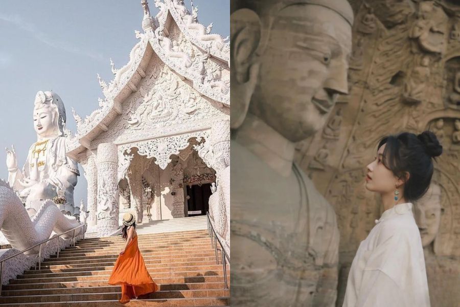 tạo dáng bên tượng phật