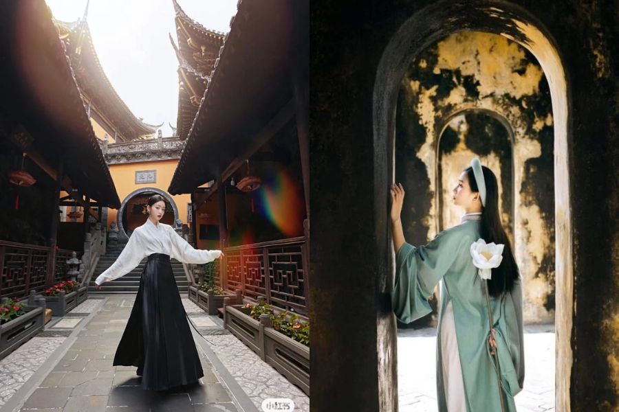 Tư thế xoay người khi chụp ảnh ở chùa