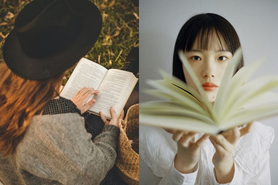 tạo dáng đang ngồi đọc sách tại chùa