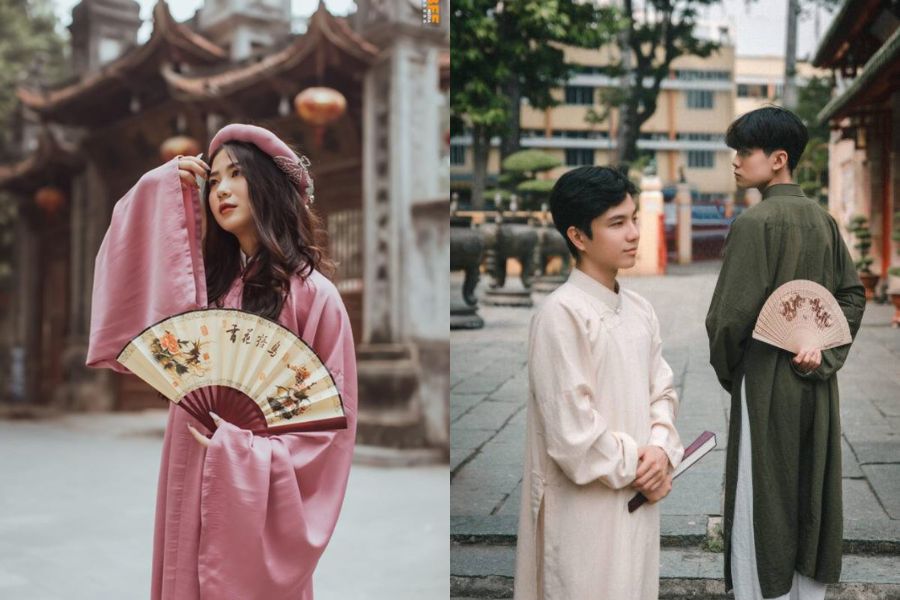 tạo dáng cầm quạt tại chùa