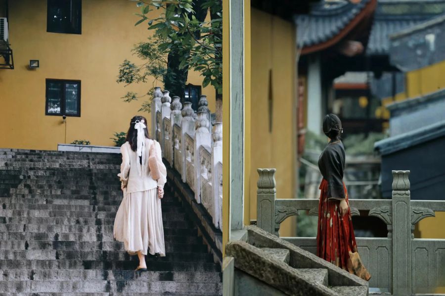 tạo dáng nhẹ nhàng bước lên bậc thang