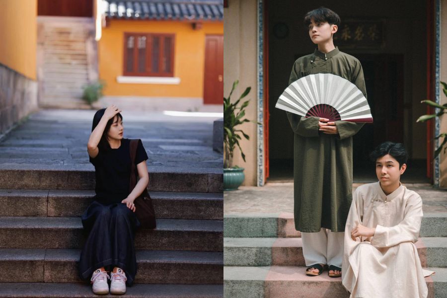 tạo dáng ngồi nhẹ nhàng trên bậc thềm chùa