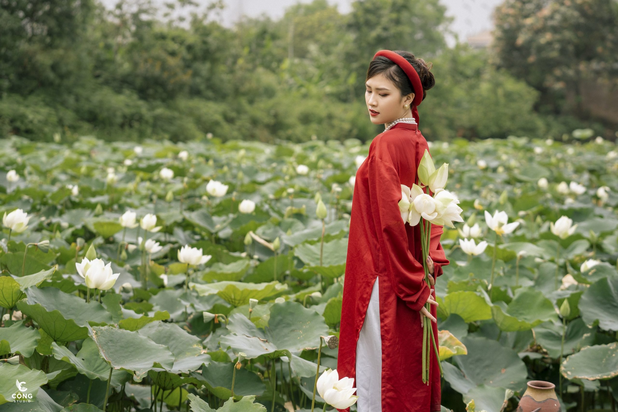 áo dài cùng hoa sen