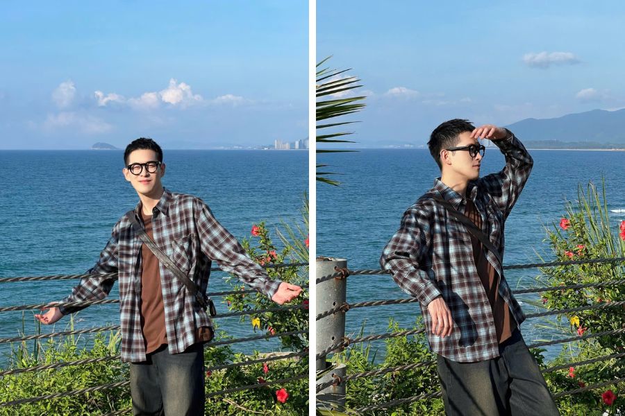 Tạo sát sát cạnh lan can, một dáng dang nhẹ 2 tay và dáng tựa nhẹ vào lan can