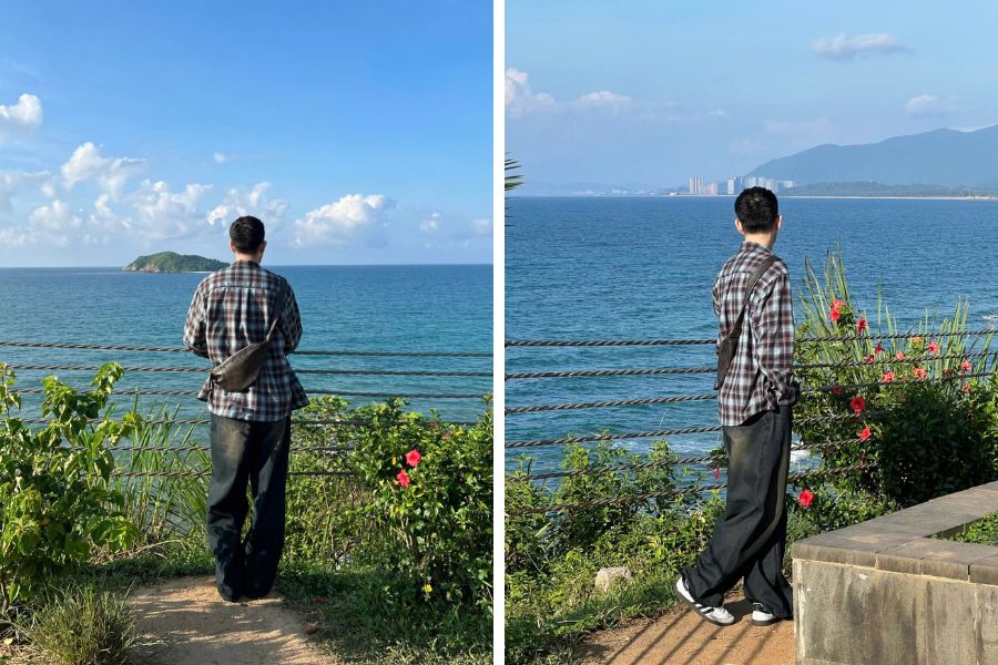 Hình ảnh tạo dáng chụp ảnh nam phong cảnh khi quay người với camera