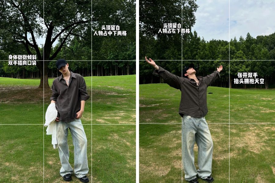 Tạo dáng chụp ảnh nam ngoài trời đơn giản với rừng cây