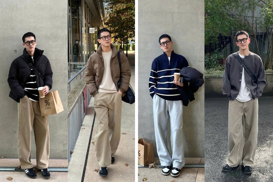 Tạo dáng chụp ảnh với bức tường xám sử dụng áo sweater ấm áp