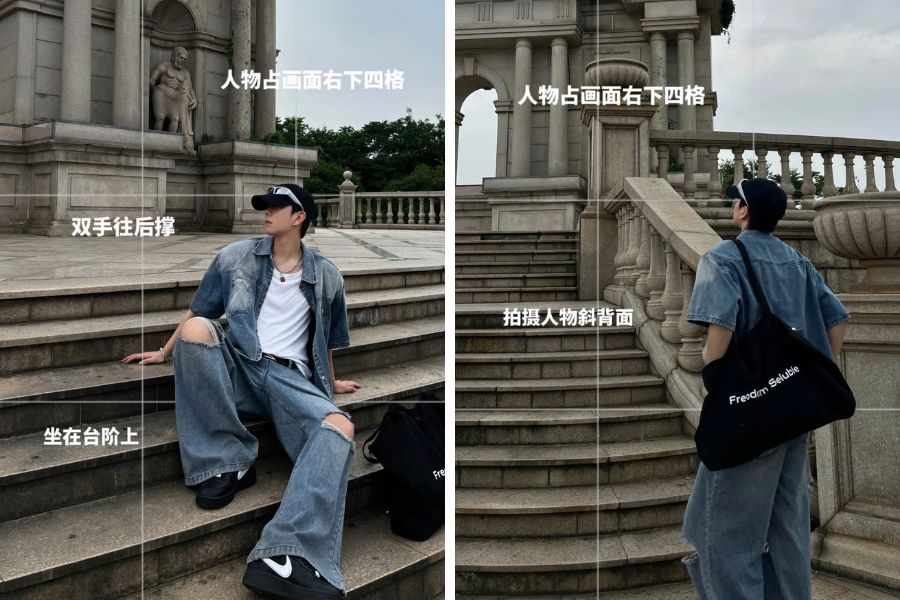 Tạo dáng chụp ảnh nam ngoài trời với bậc thang lên xuống