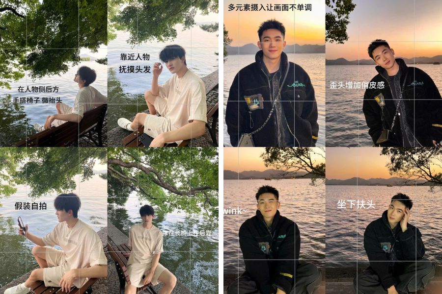 Tạo dáng chụp ảnh nam phong cảnh dưới tán cây ở hồ nước