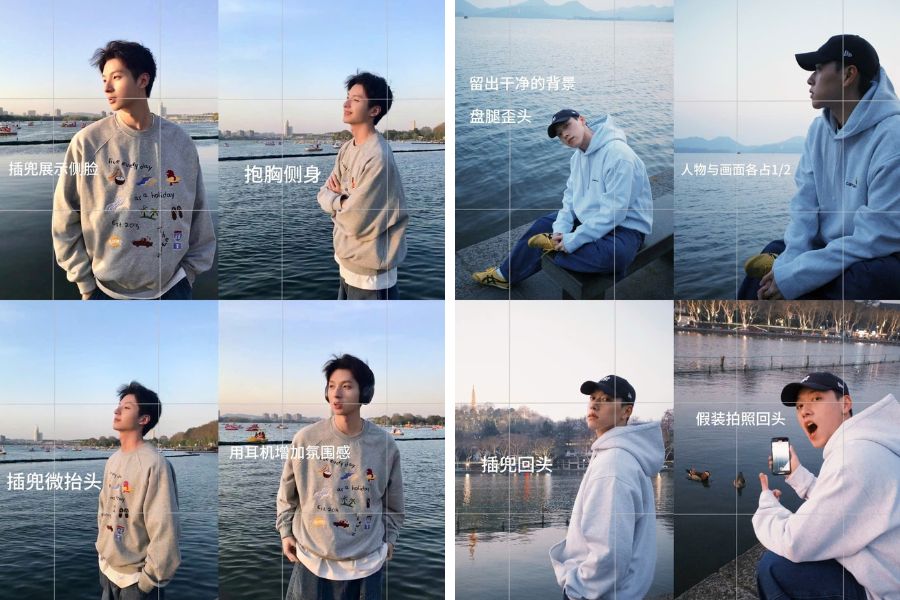 Tạo dáng chụp ảnh nam ngoài trời trước hồ nước lớn