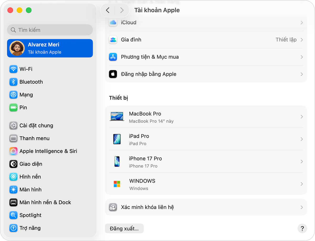 Cài đặt hệ thống máy Mac hiển thị danh sách thiết bị