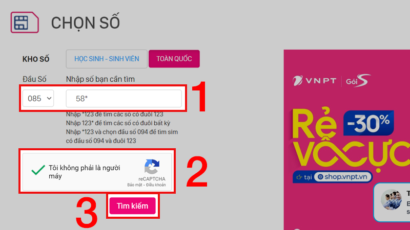 Chọn đầu số và tìm kiếm