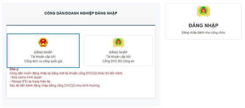 Đăng nhập tài khoản cấp bởi Cổng dịch vụ công quốc gia